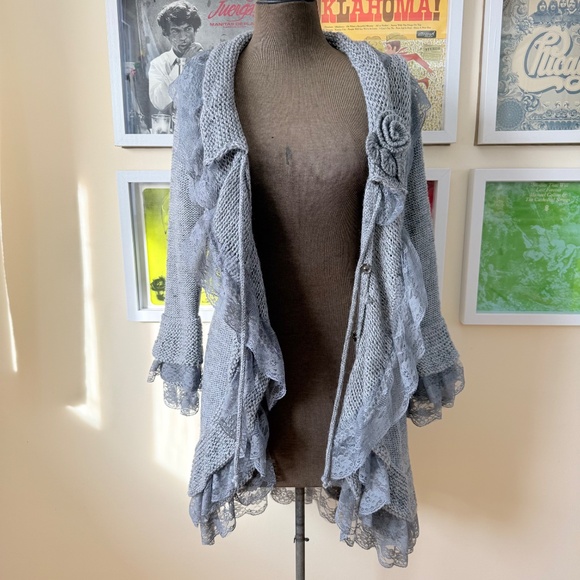 Y2K Coquette Grey Knit Lace Cardigan – Balletcore Fairy Grunge Tie Front - Picture 4 of 12